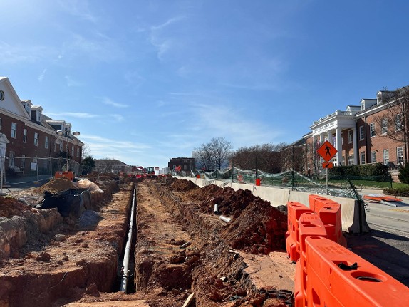 Construction of the Purple Line runs along Campus Drive on the campus of the University of Maryland on March 12, 2024.