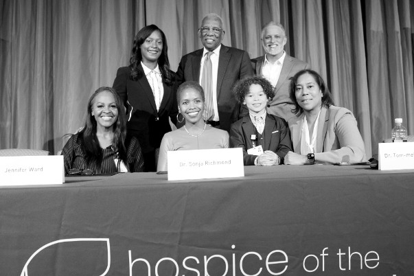 Pictured from top left are, Rachel Jordan, moderator; and panelists the Rev. James Robinson; and Council Member Sydney Harrison; From bottom left, panelists Jennifer Ward and Dr. Sonja Richmond; Dr. Archinard’s son, Blaine and panelist Dr. Tom-meka Archinard.